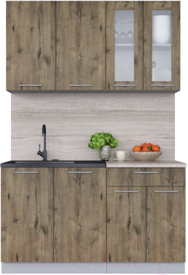 Кухонный гарнитур Интерлиния Мила 14 (дуб веллингтон/дуб веллингтон/травертин серый) - фото