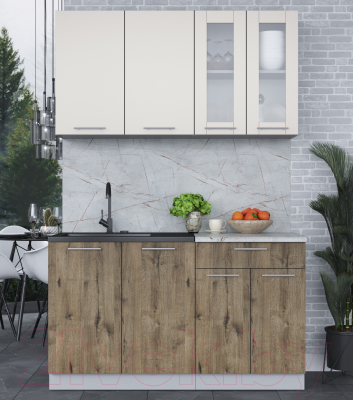 Кухонный гарнитур Интерлиния Мила 14 (персидский жемчуг/дуб веллингтон/серый каспий)