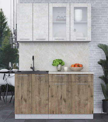 Кухонный гарнитур Интерлиния Мила 14-60 (бетон лайт/дуб веллингтон/опал светлый)