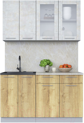 Кухонный гарнитур Интерлиния Мила 14-60 (бетон лайт/дуб золотой/опал светлый) - фото