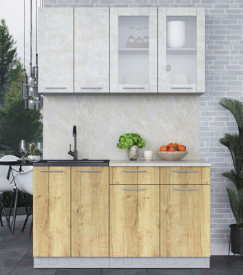 Кухонный гарнитур Интерлиния Мила 14-60 (бетон лайт/дуб золотой/опал светлый)