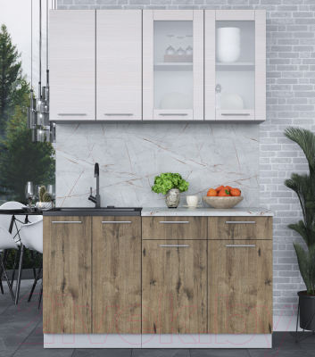 Кухонный гарнитур Интерлиния Мила 14-60 (вудлайн кремовый/дуб веллингтон/серый каспий)