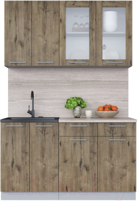 Кухонный гарнитур Интерлиния Мила 14-60 (дуб веллингтон/дуб веллингтон/травертин серый) - фото