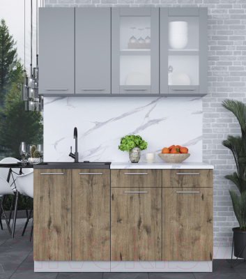 Кухонный гарнитур Интерлиния Мила 14-60 (серебро/дуб веллингтон/белый гранит)