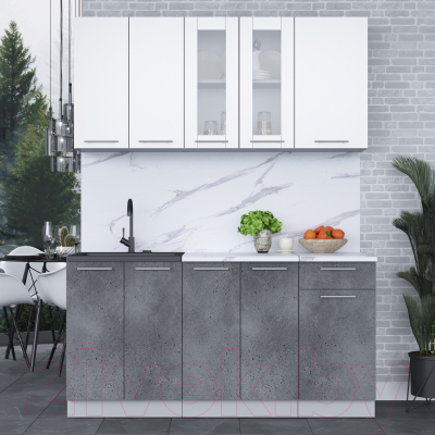 Кухонный гарнитур Интерлиния Мила 16-60 (белый платинум/бетон портленд/белый гранит)