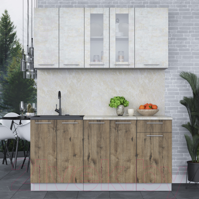 Кухонный гарнитур Интерлиния Мила 16-60 (бетон лайт/дуб веллингтон/опал светлый)