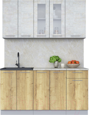 Кухонный гарнитур Интерлиния Мила 16-60 (бетон лайт/дуб золотой/опал светлый) - фото