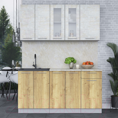 Кухонный гарнитур Интерлиния Мила 16-60 (бетон лайт/дуб золотой/опал светлый)