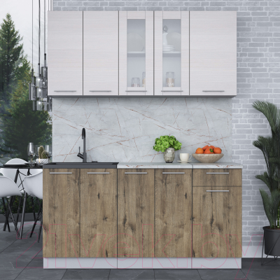 Кухонный гарнитур Интерлиния Мила 16-60 (вудлайн кремовый/дуб веллингтон/серый каспий)