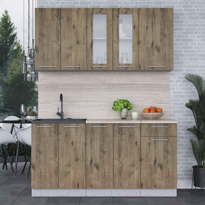 Кухонный гарнитур Интерлиния Мила 16-60 (дуб веллингтон/дуб веллингтон/травертин серый)