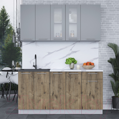 Кухонный гарнитур Интерлиния Мила 16-60 (серебро/дуб веллингтон/белый гранит)