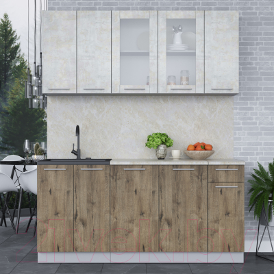 Кухонный гарнитур Интерлиния Мила 17-60 (бетон лайт/дуб веллингтон/опал светлый)