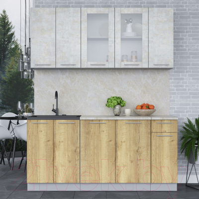 Кухонный гарнитур Интерлиния Мила 17-60 (бетон лайт/дуб золотой/опал светлый)