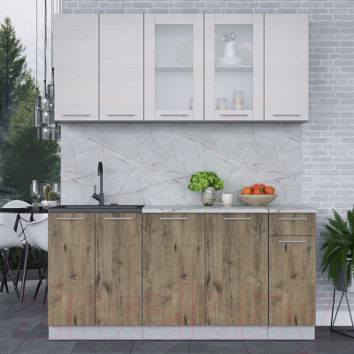 Кухонный гарнитур Интерлиния Мила 17-60 (вудлайн кремовый/дуб веллингтон/серый каспий)