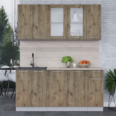 Кухонный гарнитур Интерлиния Мила 17-60 (дуб веллингтон/дуб веллингтон/травертин серый)