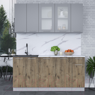 Кухонный гарнитур Интерлиния Мила 17-60 (серебро/дуб веллингтон/белый гранит)