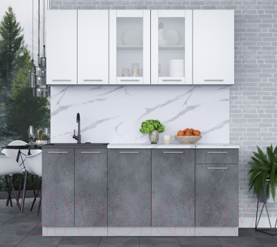 Кухонный гарнитур Интерлиния Мила 18-60 (белый платинум/бетон портленд/белый гранит)