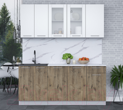 Кухонный гарнитур Интерлиния Мила 18-60 (белый платинум/дуб веллингтон/белый гранит)