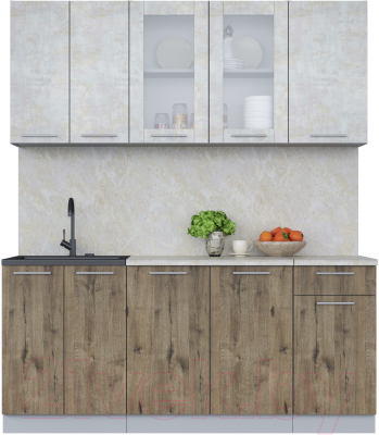 Кухонный гарнитур Интерлиния Мила 18-60 (бетон лайт/дуб веллингтон/опал светлый) - фото