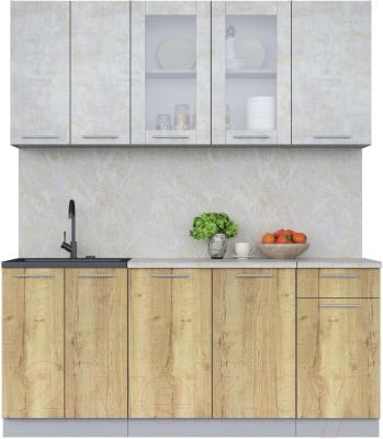 Кухонный гарнитур Интерлиния Мила 18-60 (бетон лайт/дуб золотой/опал светлый) - фото