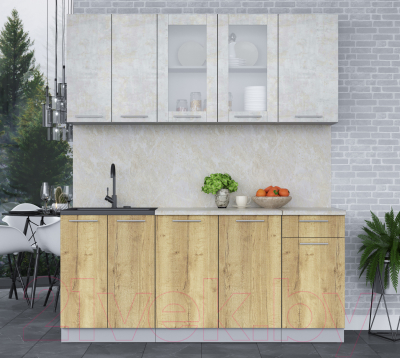 Кухонный гарнитур Интерлиния Мила 18-60 (бетон лайт/дуб золотой/опал светлый)