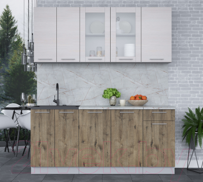 Кухонный гарнитур Интерлиния Мила 18-60 (вудлайн кремовый/дуб веллингтон/серый каспий)