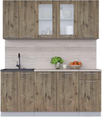 Кухонный гарнитур Интерлиния Мила 18-60 (дуб веллингтон/дуб веллингтон/травертин серый) - фото