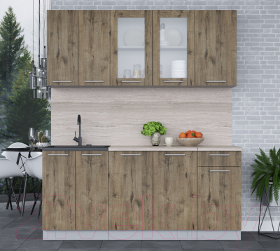 Кухонный гарнитур Интерлиния Мила 18-60 (дуб веллингтон/дуб веллингтон/травертин серый)