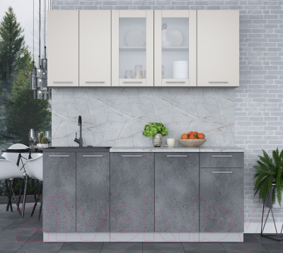 Кухонный гарнитур Интерлиния Мила 18-60 (персидский жемчуг/бетон портленд/серый каспий)