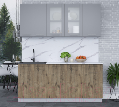 Кухонный гарнитур Интерлиния Мила 18-60 (серебро/дуб веллингтон/белый гранит)