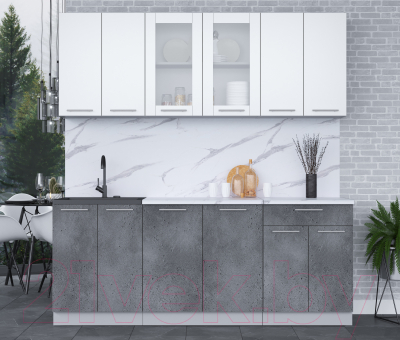 Кухонный гарнитур Интерлиния Мила 20-60 (белый платинум/бетон портленд/белый гранит)