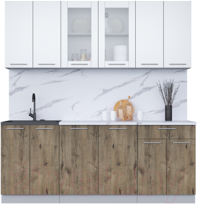 Кухонный гарнитур Интерлиния Мила 20-60 (белый платинум/дуб веллингтон/белый гранит) - фото
