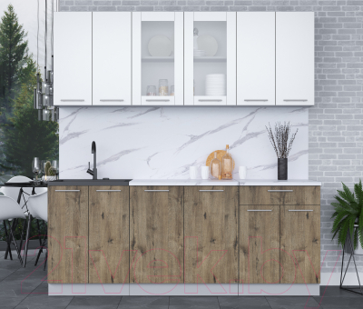 Кухонный гарнитур Интерлиния Мила 20-60 (белый платинум/дуб веллингтон/белый гранит)