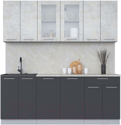 Кухонный гарнитур Интерлиния Мила 20-60 (бетон лайт/антрацит/опал светлый) - фото