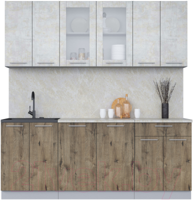 Кухонный гарнитур Интерлиния Мила 20-60 (бетон лайт/дуб веллингтон/опал светлый) - фото