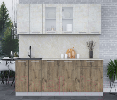 Кухонный гарнитур Интерлиния Мила 20-60 (бетон лайт/дуб веллингтон/опал светлый)