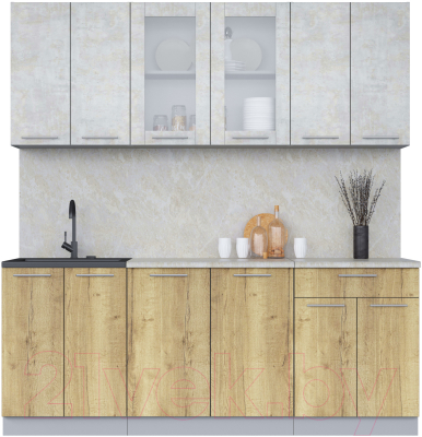 Кухонный гарнитур Интерлиния Мила 20-60 (бетон лайт/дуб золотой/опал светлый) - фото