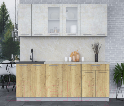 Кухонный гарнитур Интерлиния Мила 20-60 (бетон лайт/дуб золотой/опал светлый)