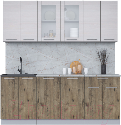 Кухонный гарнитур Интерлиния Мила 20-60 (вудлайн кремовый/дуб веллингтон/серый каспий) - фото