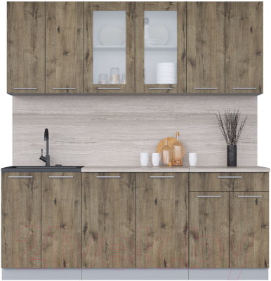 Кухонный гарнитур Интерлиния Мила 20-60 (дуб веллингтон/дуб веллингтон/травертин серый) - фото