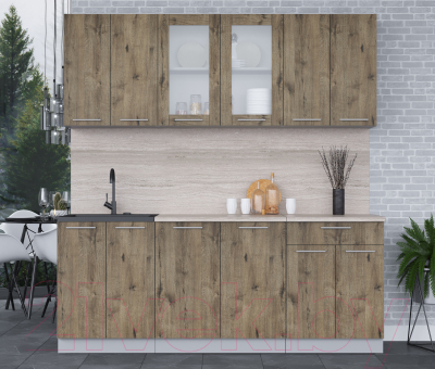 Кухонный гарнитур Интерлиния Мила 20-60 (дуб веллингтон/дуб веллингтон/травертин серый)