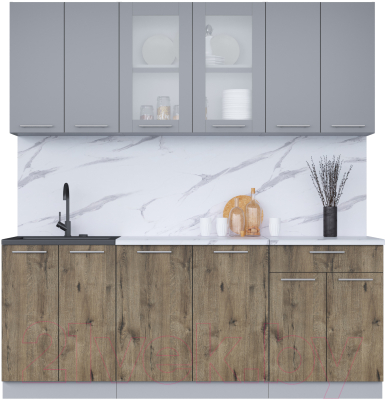 Кухонный гарнитур Интерлиния Мила 20-60 (серебро/дуб веллингтон/белый гранит) - фото