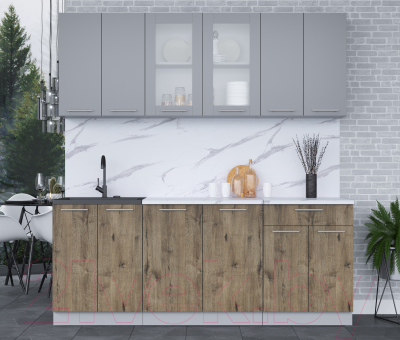 Кухонный гарнитур Интерлиния Мила 20-60 (серебро/дуб веллингтон/белый гранит)