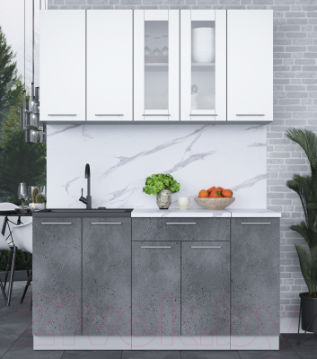 Кухонный гарнитур Интерлиния Мила 15 (белый платинум/бетон портленд/белый гранит)