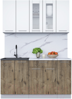 Кухонный гарнитур Интерлиния Мила 15 (белый платинум/дуб веллингтон/белый гранит) - фото