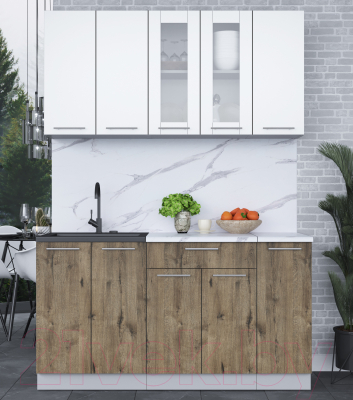 Кухонный гарнитур Интерлиния Мила 15 (белый платинум/дуб веллингтон/белый гранит)