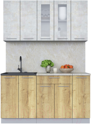 Кухонный гарнитур Интерлиния Мила 15 (бетон лайт/дуб золотой/опал светлый) - фото