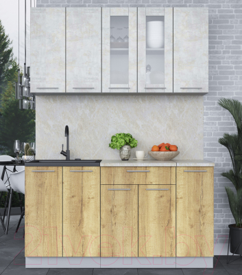 Кухонный гарнитур Интерлиния Мила 15 (бетон лайт/дуб золотой/опал светлый)