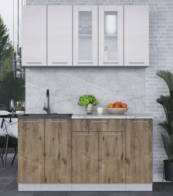 Кухонный гарнитур Интерлиния Мила 15 (вудлайн кремовый/дуб веллингтон/серый каспий)