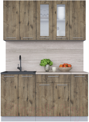 Кухонный гарнитур Интерлиния Мила 15 (дуб веллингтон/дуб веллингтон/травертин серый) - фото